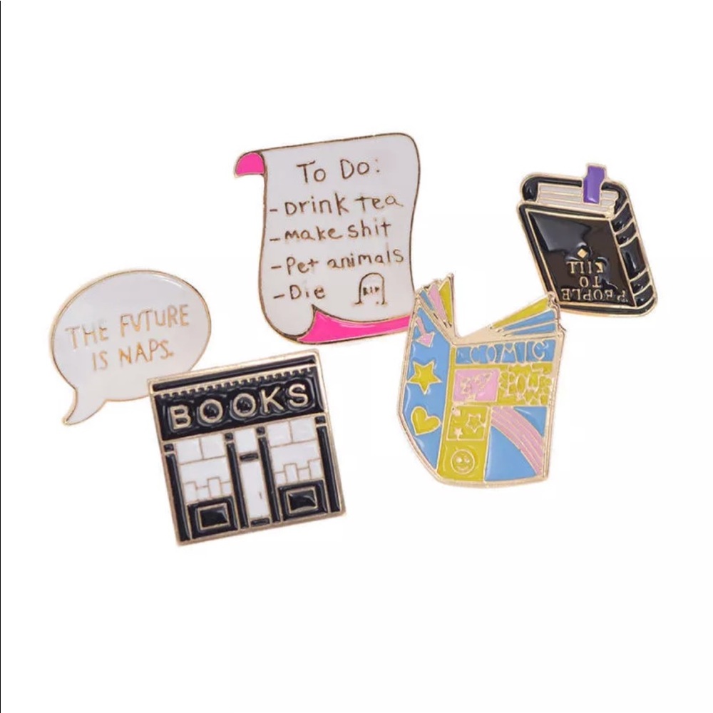 Rebel bookworm library words enamel pins set of 5